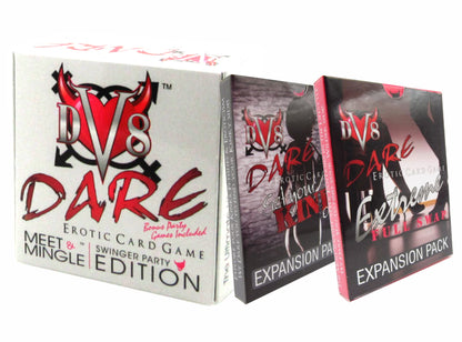 DV8 Dare Erotic Card Game Meet & Mingle Swingers Party Edition for the Lifestyle Ice Breaker House Party Game in grey box Pictured with Kink Expansion Pack and Extreme Full Swap Expansion Pack in Group Photo Upgrade