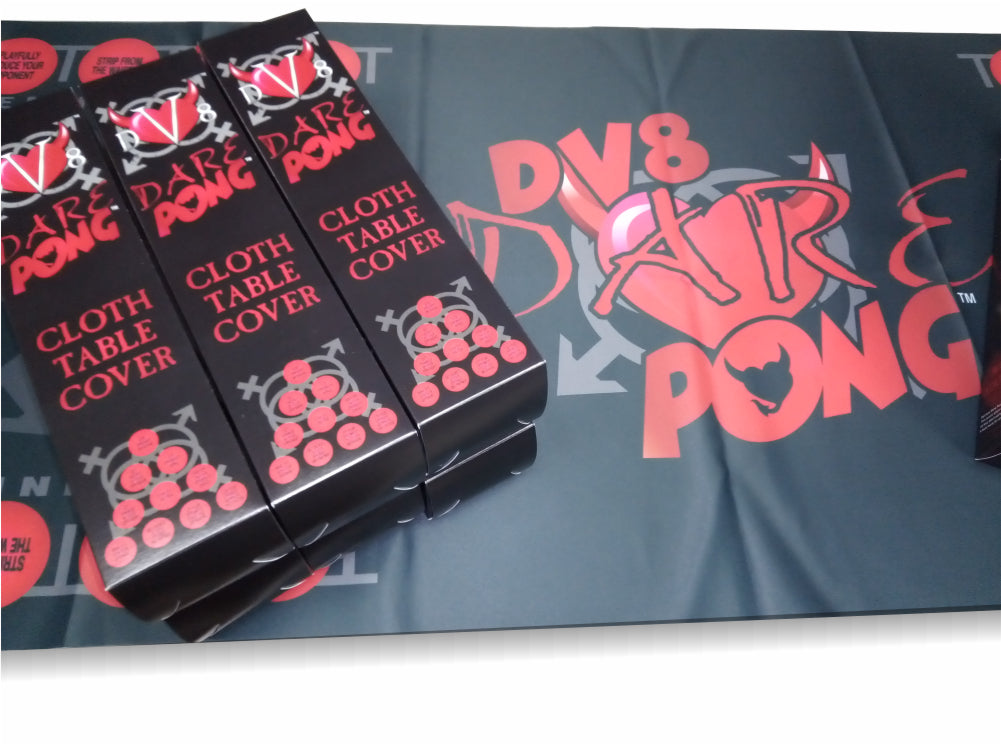 DV8 Dare Pong Adult Party Game The Most Innovative Adult Ice Breaker Game Ever Created shown three dv8 dare adult party games boxes with Dare Pong Logo Design in Red Swingers Motif colorful and ice breaker dares