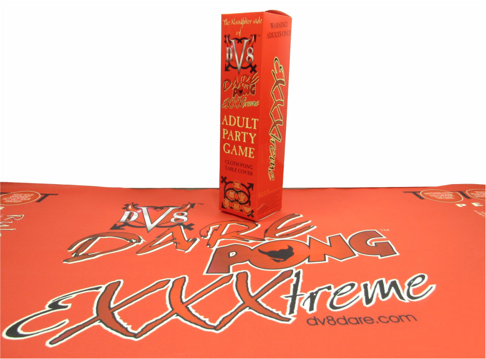 DV8 Dare Pong Exxxtreme Adult After Party Game Table Top Left shown on vibrate red cloth pong game design created as a table throw with the DV8 Dare Pong Exxxtreme logo with red box facing left