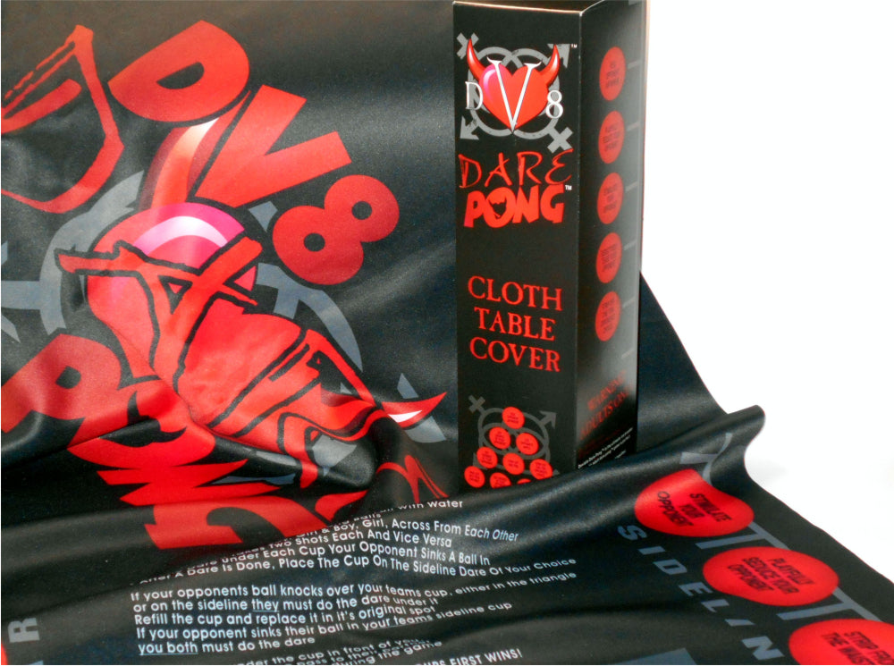 DV8 Dare Pong The Original Dare Pong Adult Party Game The most innovative ice breaker game ever created cloth 6 foot pong table cover top icebreaker game printing on satin black machine washable cloth for adult parties that fits any six foot table for adult party fun