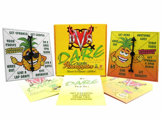 Pineapple Themed Icebreakers Party Pack Cruzin Pineapples Card game and adult lil spinners together in colorful photo of card game with two spinners
