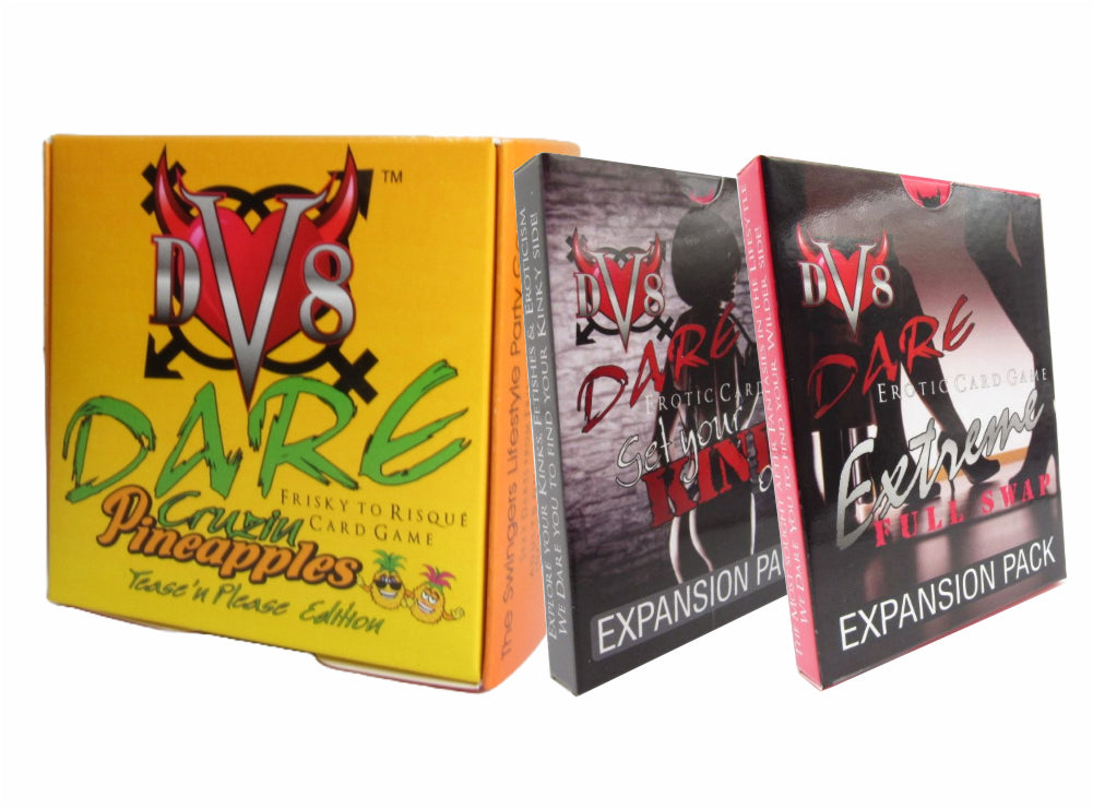 DV8 Dare Cruzin Pineapples Tease n Please Edition Pineapple Themed box Pictured with Kink Expansion Pack and Extreme Full Swap Expansion Pack in Group Photo Upgrade