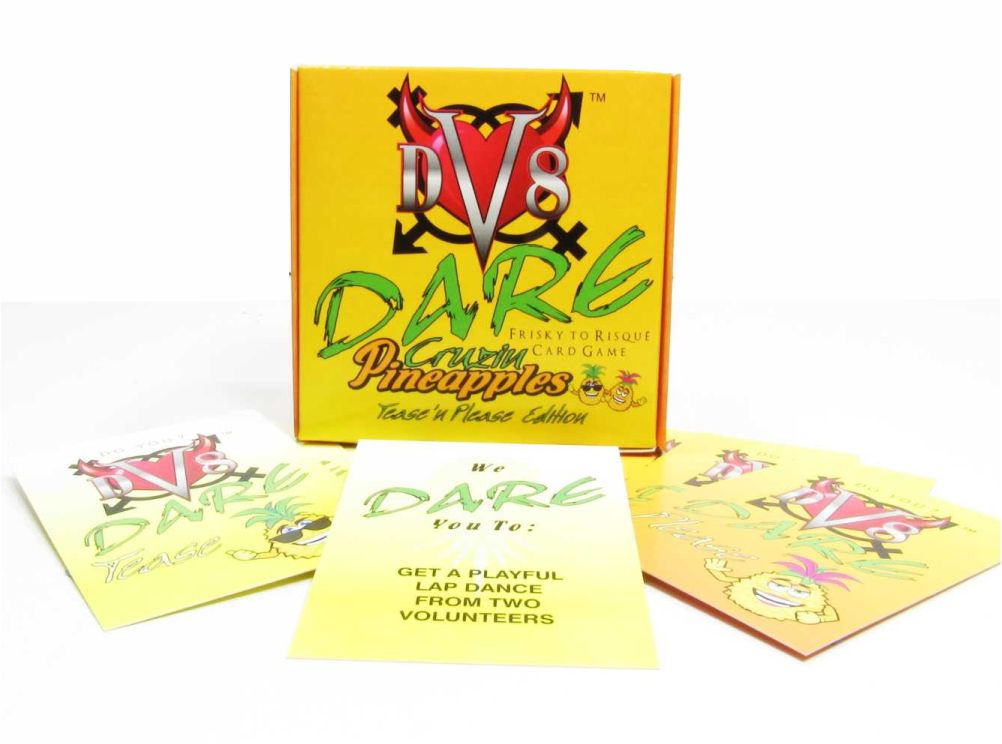 DV8 Dare Cruzin Pineapples Frisky to Risque Tease n Please Edition Erotic Card Game Swingers Party Edition The First Ever Pineapple themed Adult Card Ice Breaker Game for the swingers lifestyle Showing Tease Mild Icebreaker and Wild Please Cards Colorful Pineapple Game 