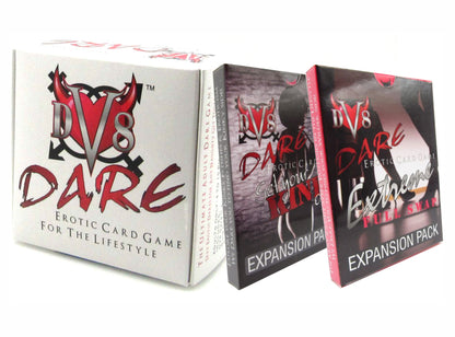 DV8 Dare Erotic Dare Game for the Lifestyle Ice Breaker Game in white box Pictured with Kink Expansion Pack and Extreme Full Swap Expansion Pack in Group Photo Upgrade