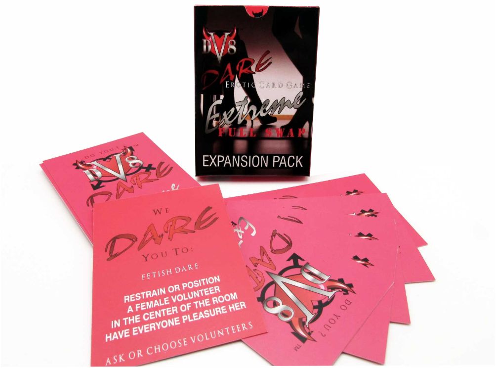 DV8 Dare Extreme Full Swap Expansion Pack Takes adult pleasure to a new experience level designed to enhance play to a new level. shown with example red card with full swap expansion pack in the background 