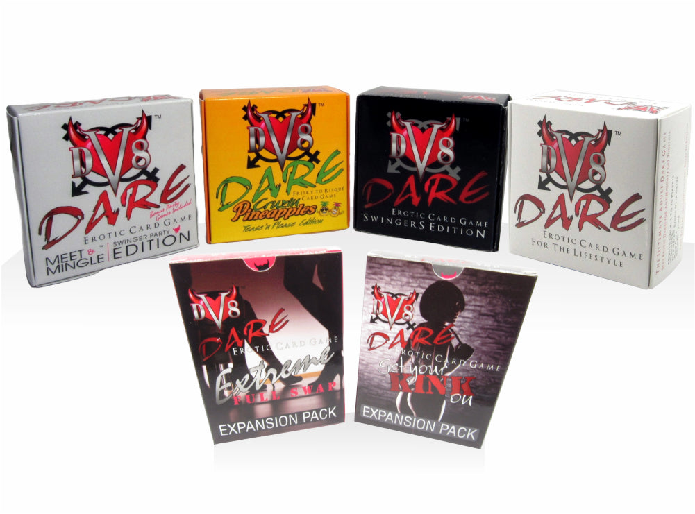 DV8 Dare Erotic Lifestyle Swingers Card Games High Roller Pack with Meet & Mingle Swinger Party Edition Cruzin Pineapples Tease n Please Edition Swingers Edition Erotic Dare Game for the lifestyle Extreme and Kink expansion packs  