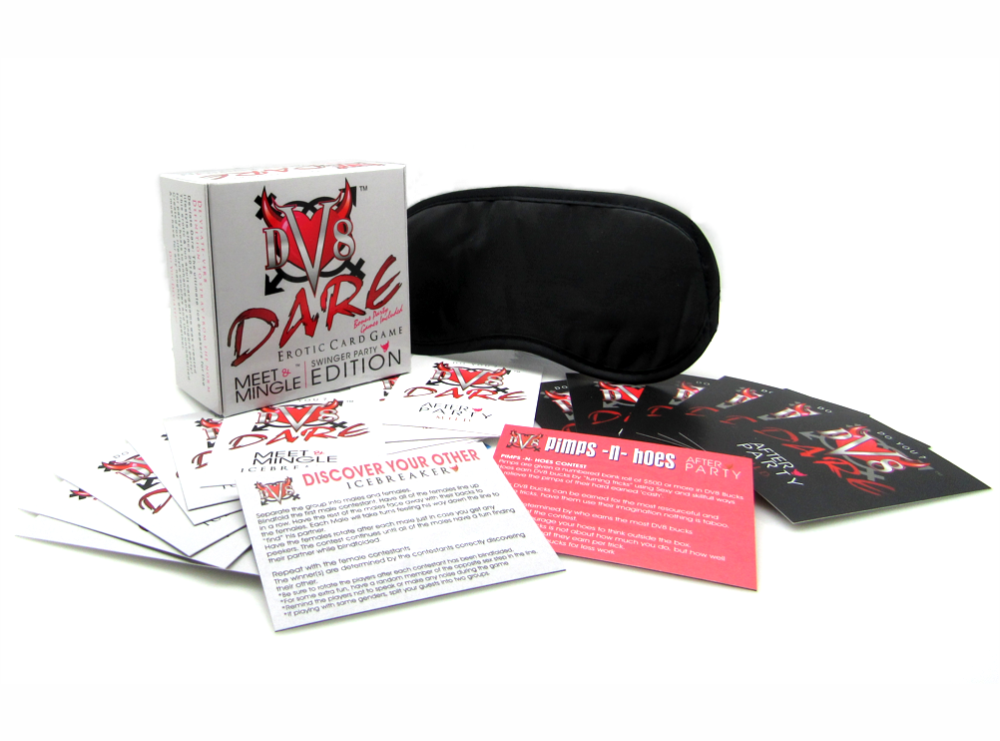 DV8 Dare Meet and Mingle Swinger Party Edition Includes Three Decks Satin Blindfold with over 50 Ice Mild to Wild Dares Grey Box Shown with Card decks included party hosting guide and adult swinger party tips and resources