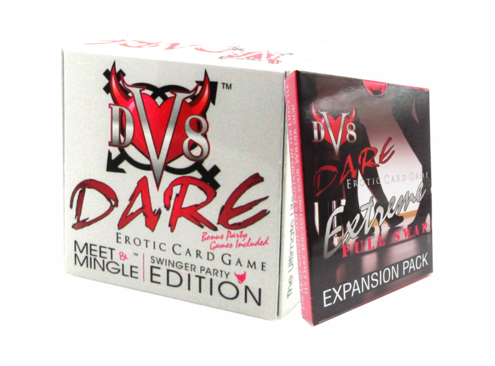 DV8 Dare Erotic Card Game Meet & Mingle Swingers Party Edition for the Lifestyle Ice Breaker House Party Game in grey box Pictured with Extreme Full Swap Expansion Pack paired together in Photo Upgrade