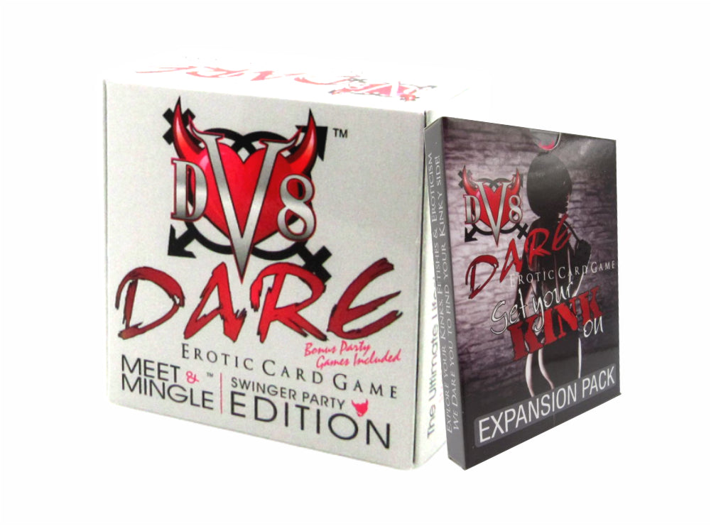 DV8 Dare Erotic Card Game Meet & Mingle Swingers Party Edition for the Lifestyle Ice Breaker House Party Game in grey box Pictured with get your Kink on Expansion Pack paired together in Photo Upgrade