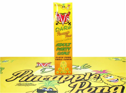 DV8 Pineapple Dare Pong Playful Pineapple Themed Adult Ice Breaker Party Game Upside Down Pineapples Cruzin Pineapples Design with cartoon Pineapple characters colorful printed satin cloth with bright yellow logo  on pong table top. Dare Pong game