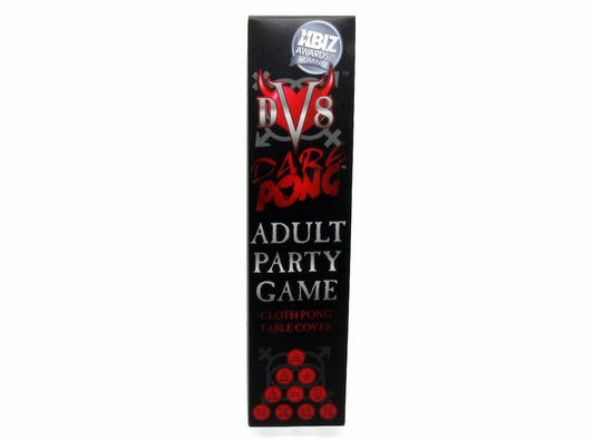 DV8 Dare Pong Adult Party Game Original First of it's kind Adult Party Pong Game for Swingers and Adult Themed Parties Shown Black Box with DV8 Dare Swingers Motif Design with ten Dares and Adult Party Game  