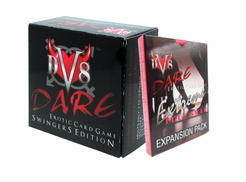 DV8 Dare Swingers Edition Ice Breaker Game in Black box Pictured with Extreme Full Swap Expansion Pack paired together in Photo Upgrade