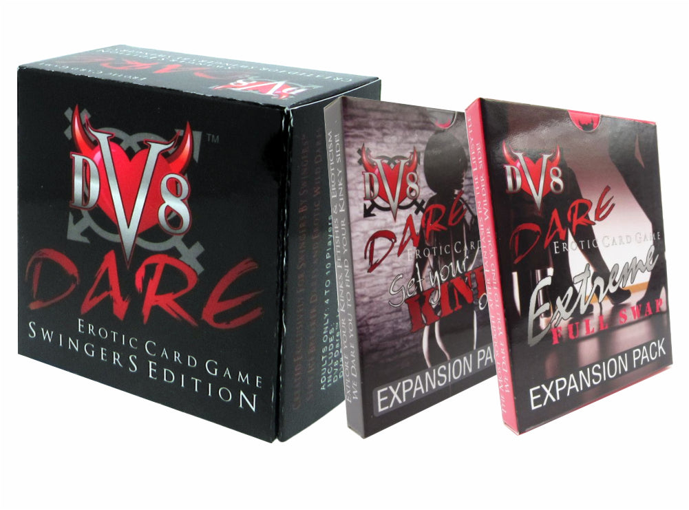 DV8 Dare Swingers Edition Ice Breaker Game in Black box Pictured with Kink Expansion Pack and Extreme Full Swap Expansion Pack in Group Photo Upgrade