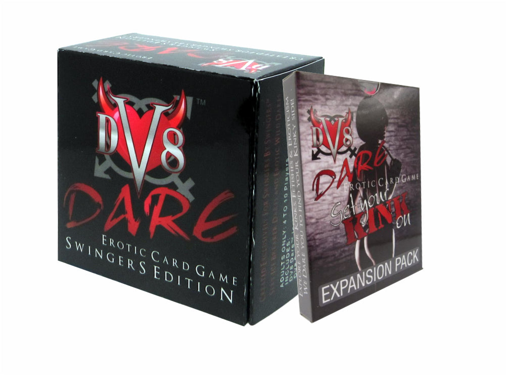 DV8 Dare Swingers Edition Ice Breaker Game in Black box Pictured with Get Your Kink on Expansion Pack paired together in Photo Upgrade